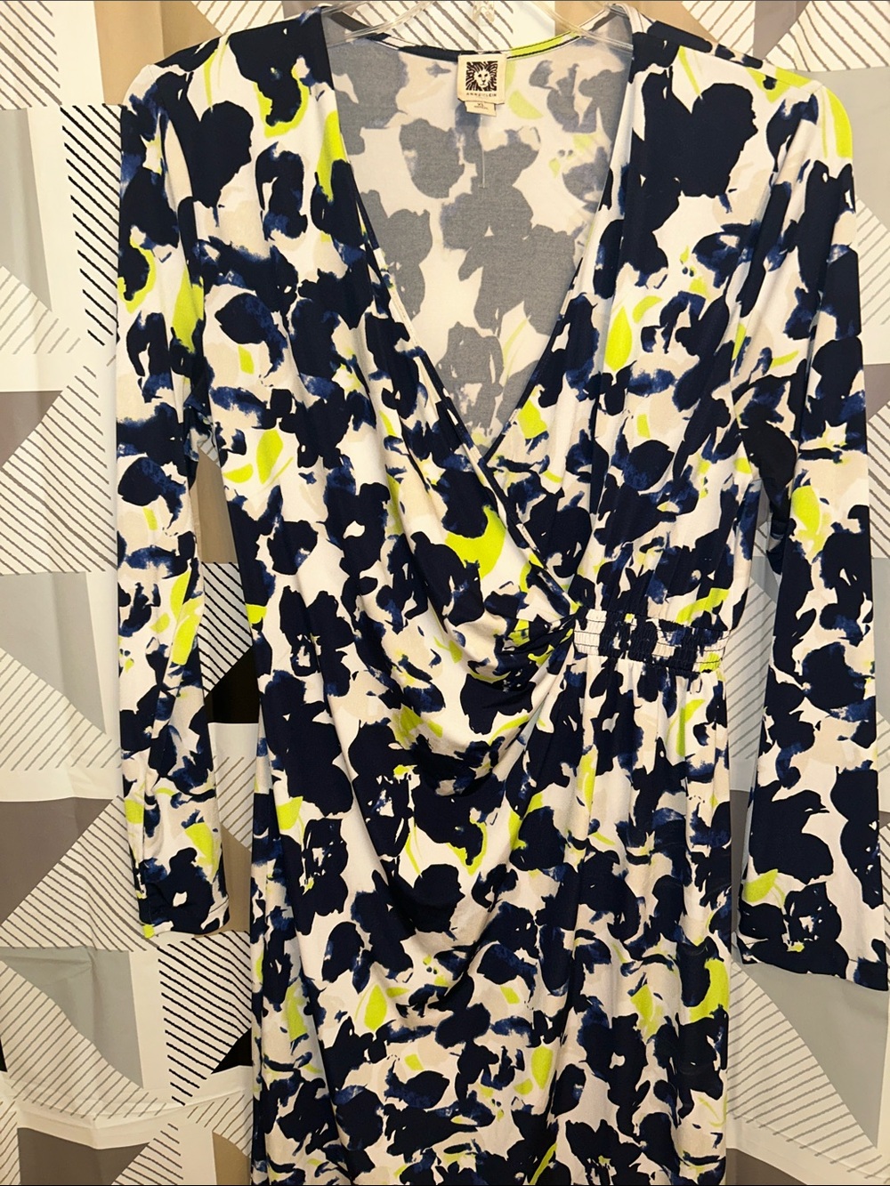Anne Klein Navy, White & Lime Floral Wrap-Style Long Sleeve Dress